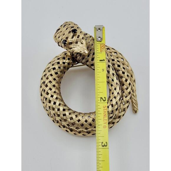 Vintage Coiled Woven Mesh Snake Brooch Pin Rhinestone Eyes - Picture 8 of 10